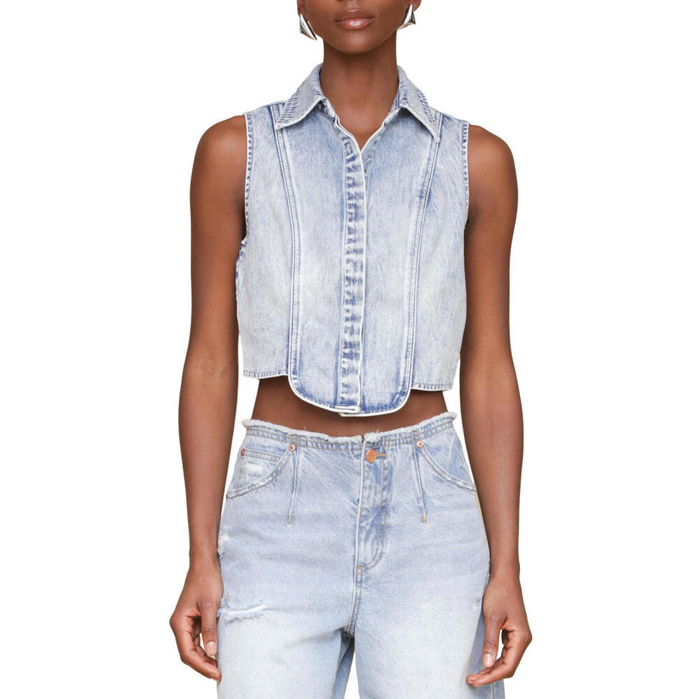 NWT! Avec Les Filles Sleeveless Tuxedo Crop Denim Shirt Size Large - Picture 1 of 6